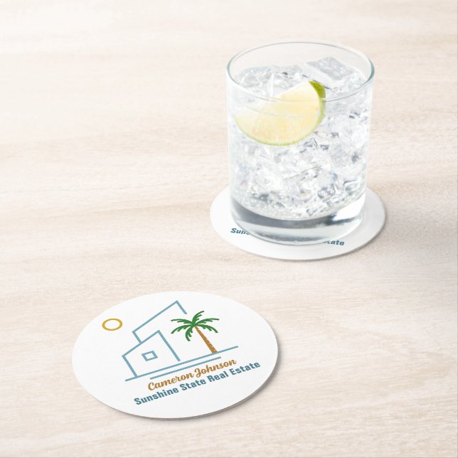 Beach Real Estate Company Cute Customizable Round Paper Coaster (Insitu)
