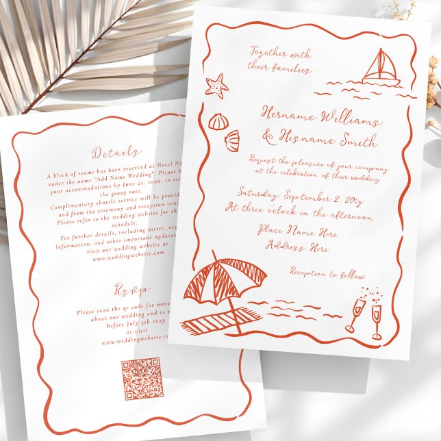 Beach Red Hand Drawn QR RSVP All-In-One Wedding Invitation (Creator Uploaded)