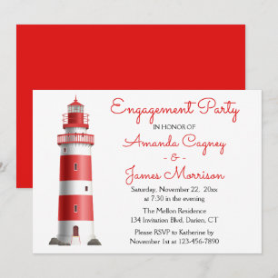 Beach Red Lighthouse Nautical Engagement Party Invitation