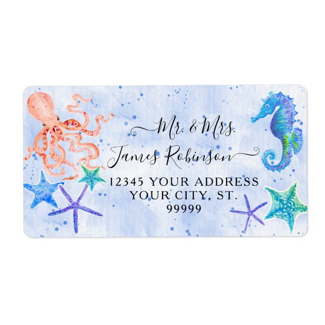 Beach Red Octopus Seahorse Starfish Baby Shower Label (Front)