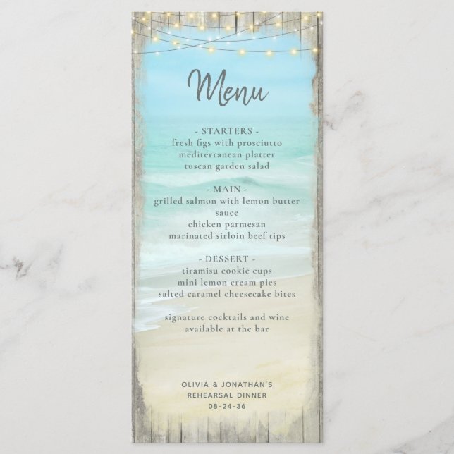 Beach Rehearsal Dinner Rustic Wedding Menu (Front)