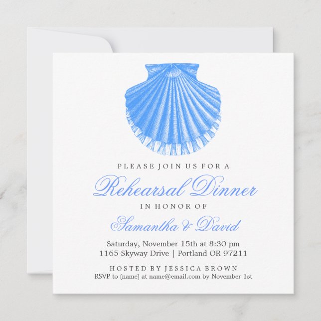 Beach Rehearsal Dinner Scallop Shell Blue Invitation (Front)