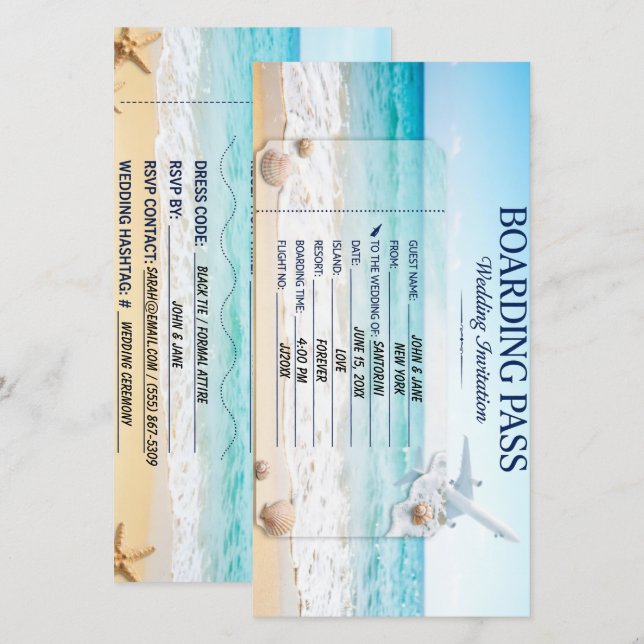 Beach Resort Wedding Boarding Pass Card (Front/Back)