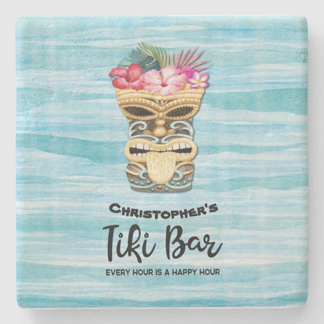  Beach Retro Tiki Bar Monogrammed Stone Coaster (Front)