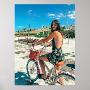Beach Ride Aesthetic – Woman on Bicycle by the Sea Poster
