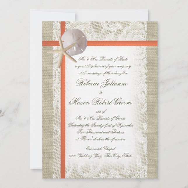 Beach Romance Burlap and Lace Wedding Coral Invitation (Front)