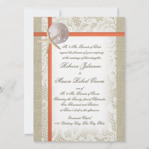 Beach Romance Burlap and Lace Wedding Coral Invitation