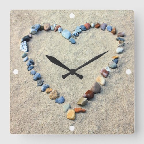 Beach Romantic Heart Sculpture Square Wall Clock