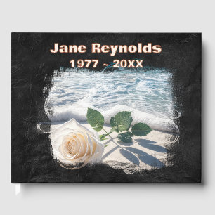Beach Rose On Black Leather Memorial Service Foil Guest Book