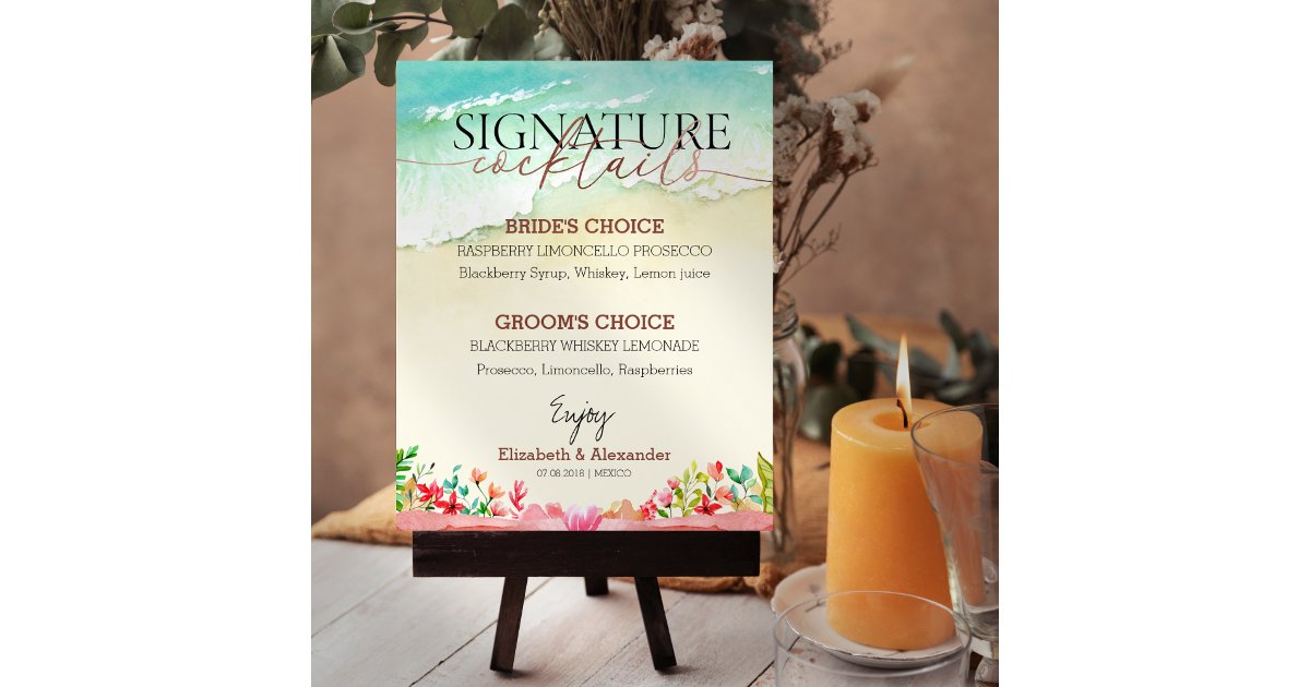 Beach Rose Script Cocktails Wedding Sign | Zazzle