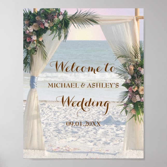 Beach Rose Tropical Leaves Sunset Wedding Welcome Poster (Front)