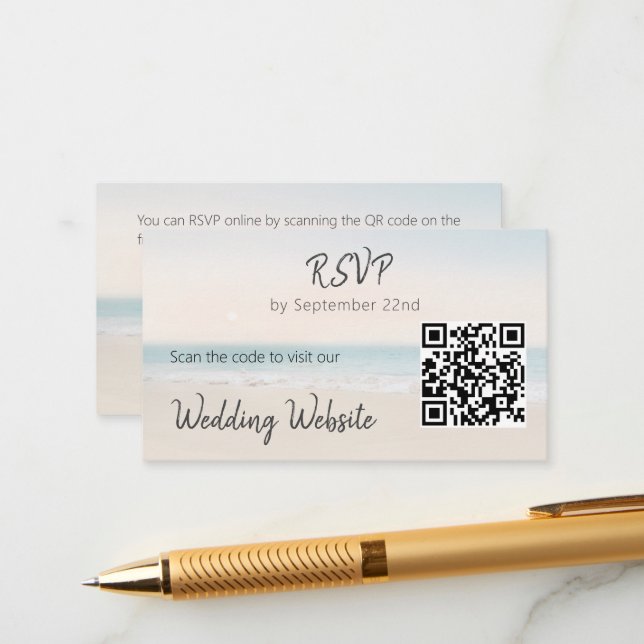 Beach RSVP with Wedding Website QR Code  Enclosure (Front/Back In Situ)