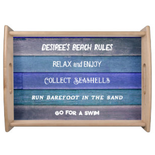 Beach Rules Blue Teal Gray Rustic Nautical Wood Serving Tray