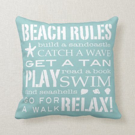 Beach Rules By The Seashore Aqua Teal & White Throw Pillow