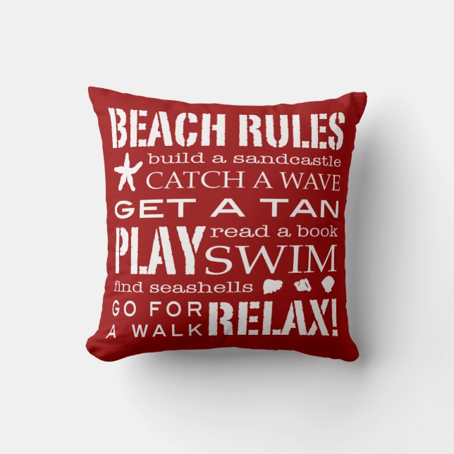 Beach Rules By the Seashore Bold Red & White Throw Pillow (Front)