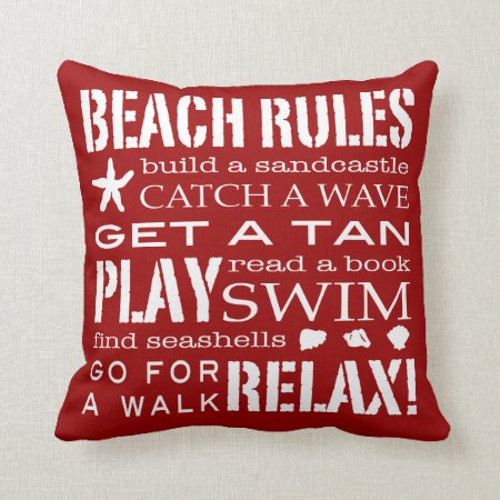 Beach Rules By The Seashore Bold Red & White Throw Pillow