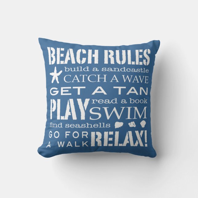 Beach Rules By the Seashore Classic Blue & White Throw Pillow (Front)