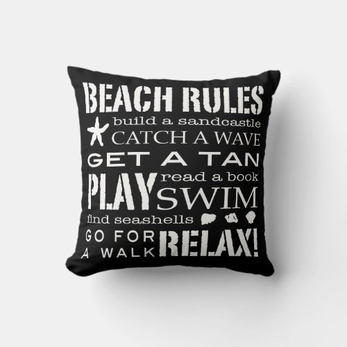 Beach Rules By the Seashore Crisp Black White Gray Throw Pillow