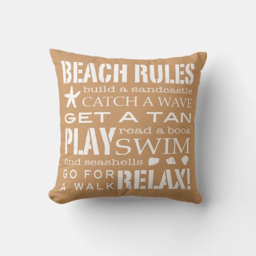 Beach Rules By the Seashore Sandy Beige  Brown Throw Pillow