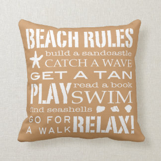 Beach Rules By the Seashore Sandy Beige & Brown Throw Pillow