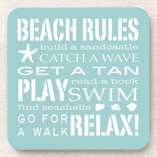 Beach Rules By the Seashore Soft Aqua & White Beverage Coaster (Front)