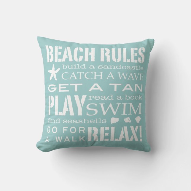 Beach Rules By the Seashore Soft Aqua & White Throw Pillow (Front)
