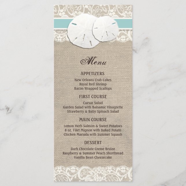 Beach Rustic Burlap Lace Menu Card - Turquoise (Front)