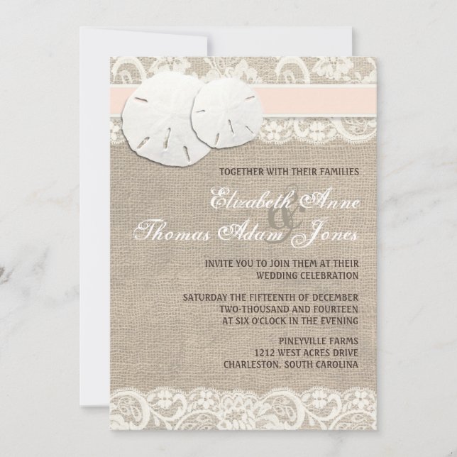 Beach Rustic Burlap Lace Wedding Invitation Blush (Front)