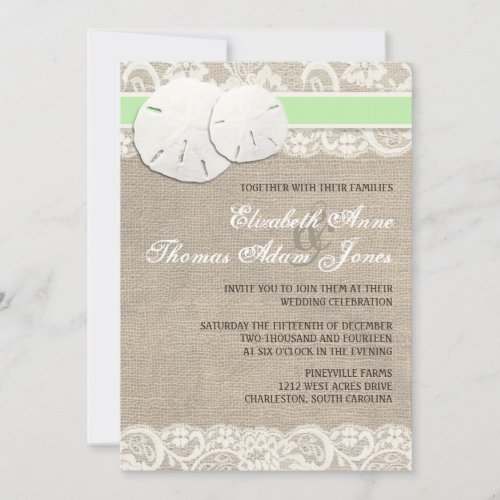 Beach Rustic Burlap Lace Wedding Invitation Green