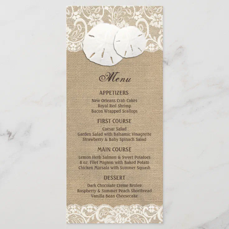 Beach Rustic Warm Burlap Lace Menu Card Zazzle