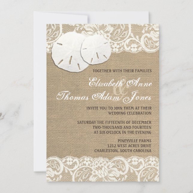 Beach Rustic Warm Burlap Lace Wedding Invitation (Front)