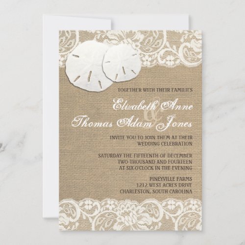 Beach Rustic Warm Burlap Lace Wedding Invitation