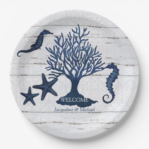 Beach Rustic Wedding Navy Blue Watercolor Seahorse Paper Plates