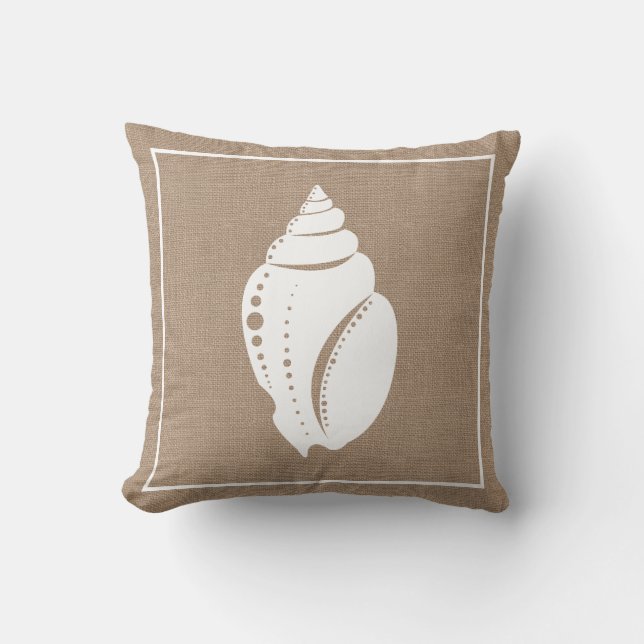 Beach Rustic White Seashell & Faux Burlap Throw Pillow (Front)