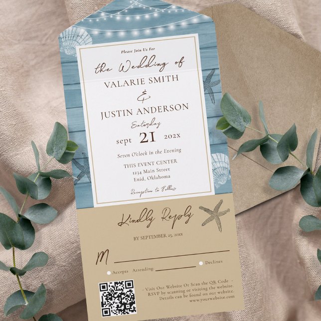 Beach Rustic Wood Beige Wedding All In One Invitat Invitation (Creator Uploaded)