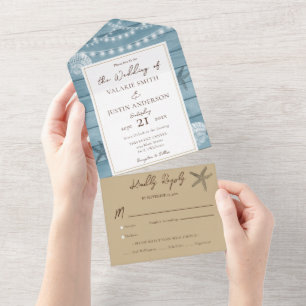 Beach Rustic Wood Beige Wedding All In One Invitation