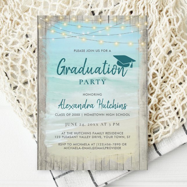 Beach Rustic Wood String Lights Graduation Party Invitation