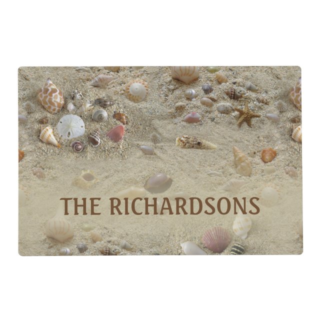 Beach Sand and Sea Shells Coastal Personalized Placemat (Front)