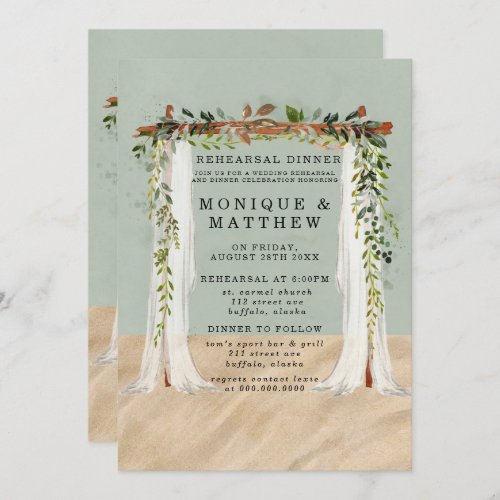 Beach Sand Canopy Tropical Modern Rehearsal Dinner Invitation