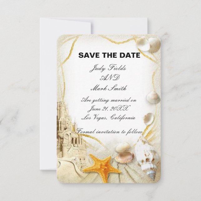 Beach Sand Castle Wedding Save The Date Card (Front)