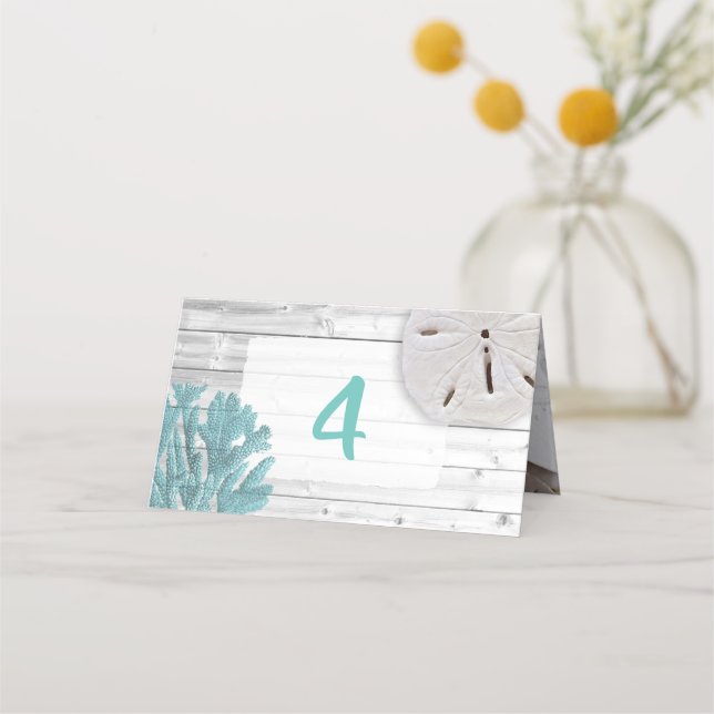 Beach Sand Dollar and Teal Coral Table Number Card (Front)
