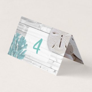 Beach Sand Dollar and Teal Coral Table Number Card 