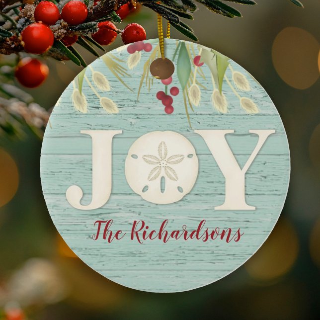 Beach Sand Dollar Christmas Joy Photo Ceramic Ornament (An elegant beach themed Christmas ornament with the word JOY & your name.)