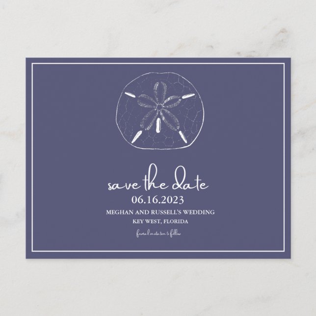 Beach Sand Dollar Navy Blue Save the Date Postcard (Front)
