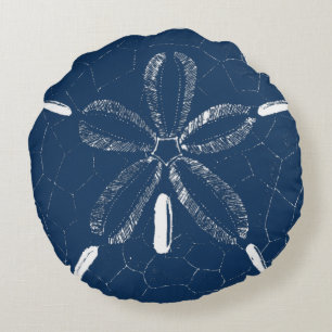Beach Sand Dollar Navy Blue White Round Pillow
