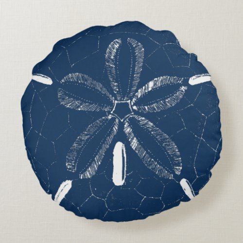 Beach Sand Dollar Navy Blue White Round Pillow