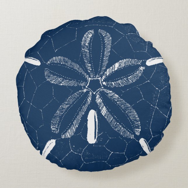 Beach Sand Dollar Navy Blue White Round Pillow (Back)