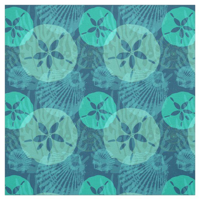 Beach Sand Dollars and Seashells Ocean Blue Aqua Fabric (Swatch)