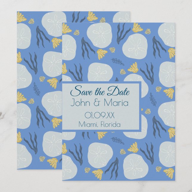 Beach Sand Dollars Botanical Blue Save the Date  Invitation (Front/Back)