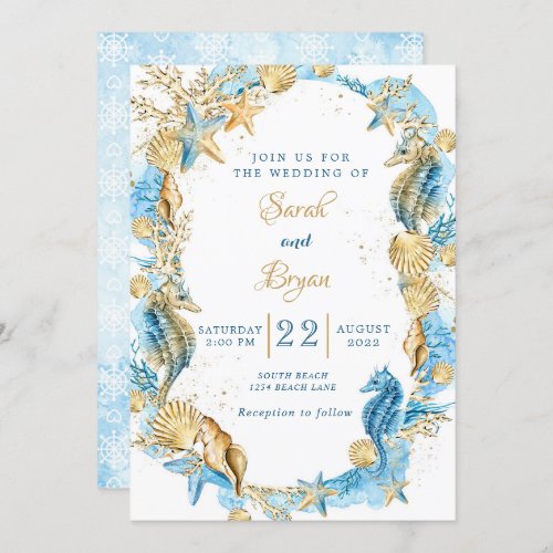 Beach Sand Elegant Teal Gold Wedding Invitation